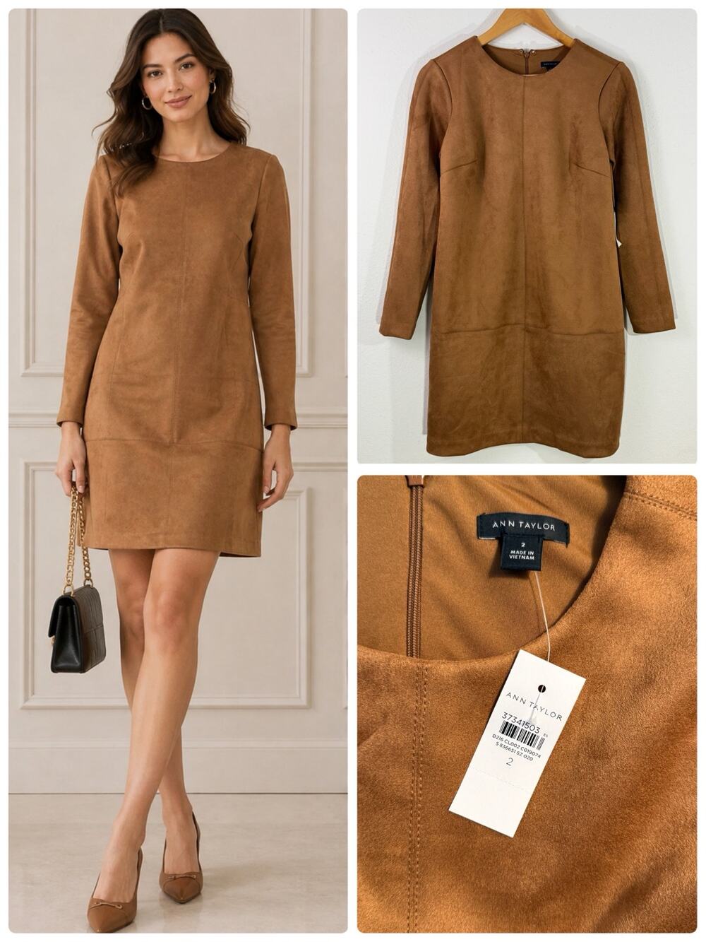 Ann Taylor Faux Suede Shift Dress Camel Brown Long Sleeve NWT Sz 2 Minimalist